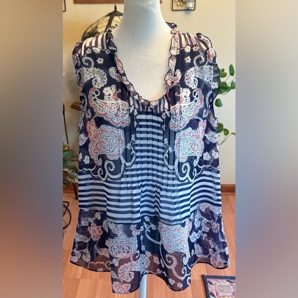CAbi BLUE Floral Paisley Print Striped Sheer Sleeveless Blouse Size Small